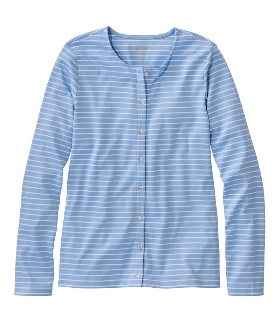 L.L.Bean Women's Pima Cotton Tee, Long-Sleeve Crewneck Cardigan Stripe NEW|CLOTHING