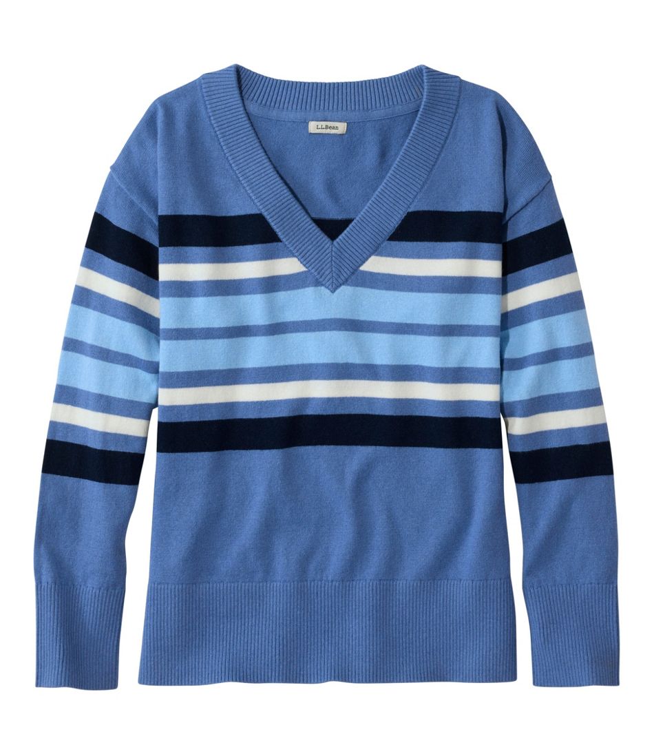 L.L.Bean Women's Cotton/Cashmere Sweater, V-Neck Stripe NEW|CLOTHING