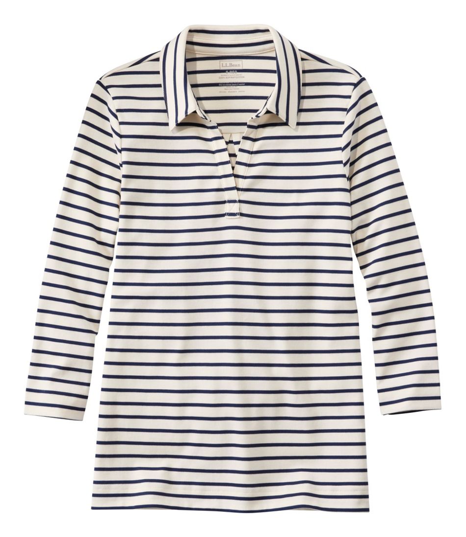 L.L.Bean Women's Pima Cotton Tee, Three-Quarter-Sleeve Polo Stripe CLOTHING
