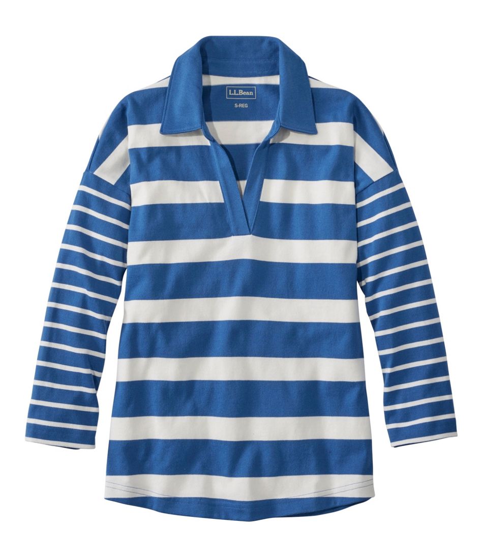 L.L.Bean Women's Heritage Mariner Top, Splitneck Polo Three-Quarter-Sleeve, Block Stripe CLOTHING|SALE