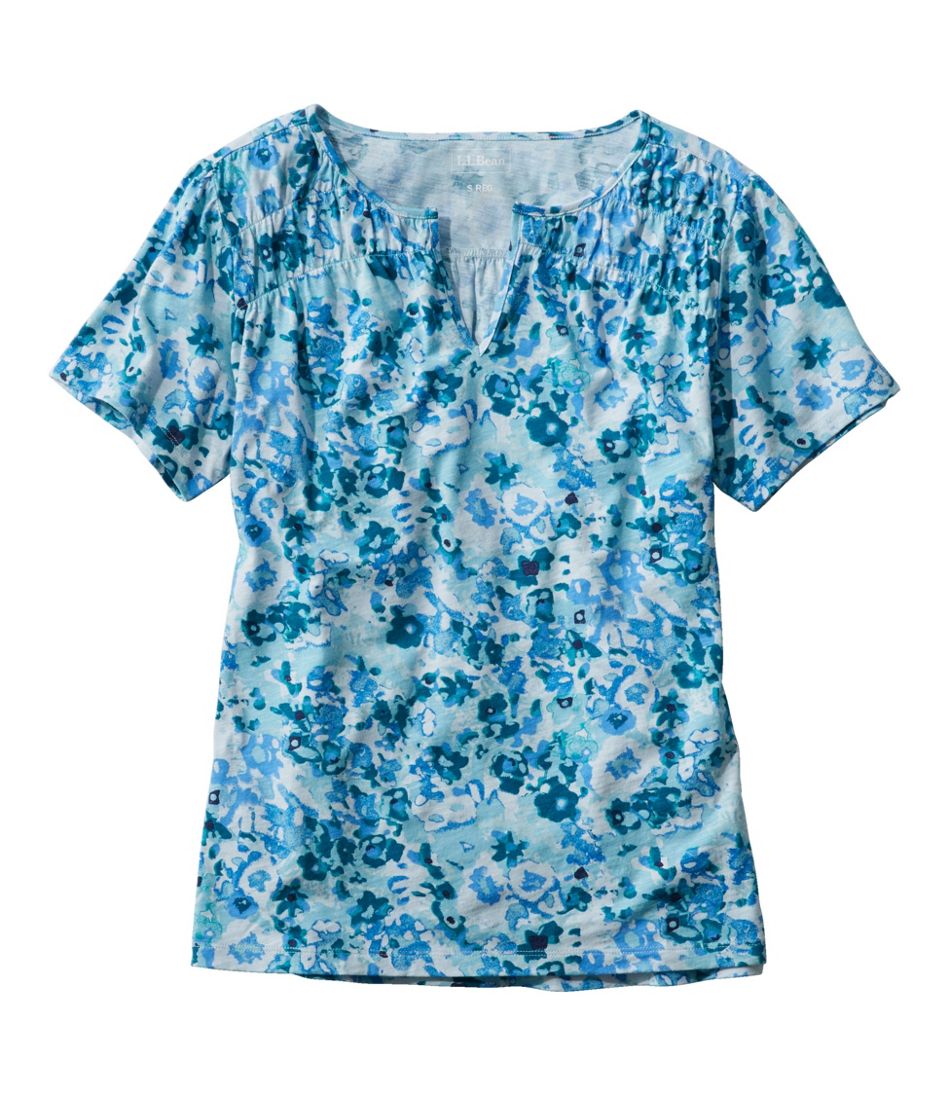 L.L.Bean Women's Organic Cotton Tee, Smocked Notch-Neck Short-Sleeve Print CLOTHING|SALE