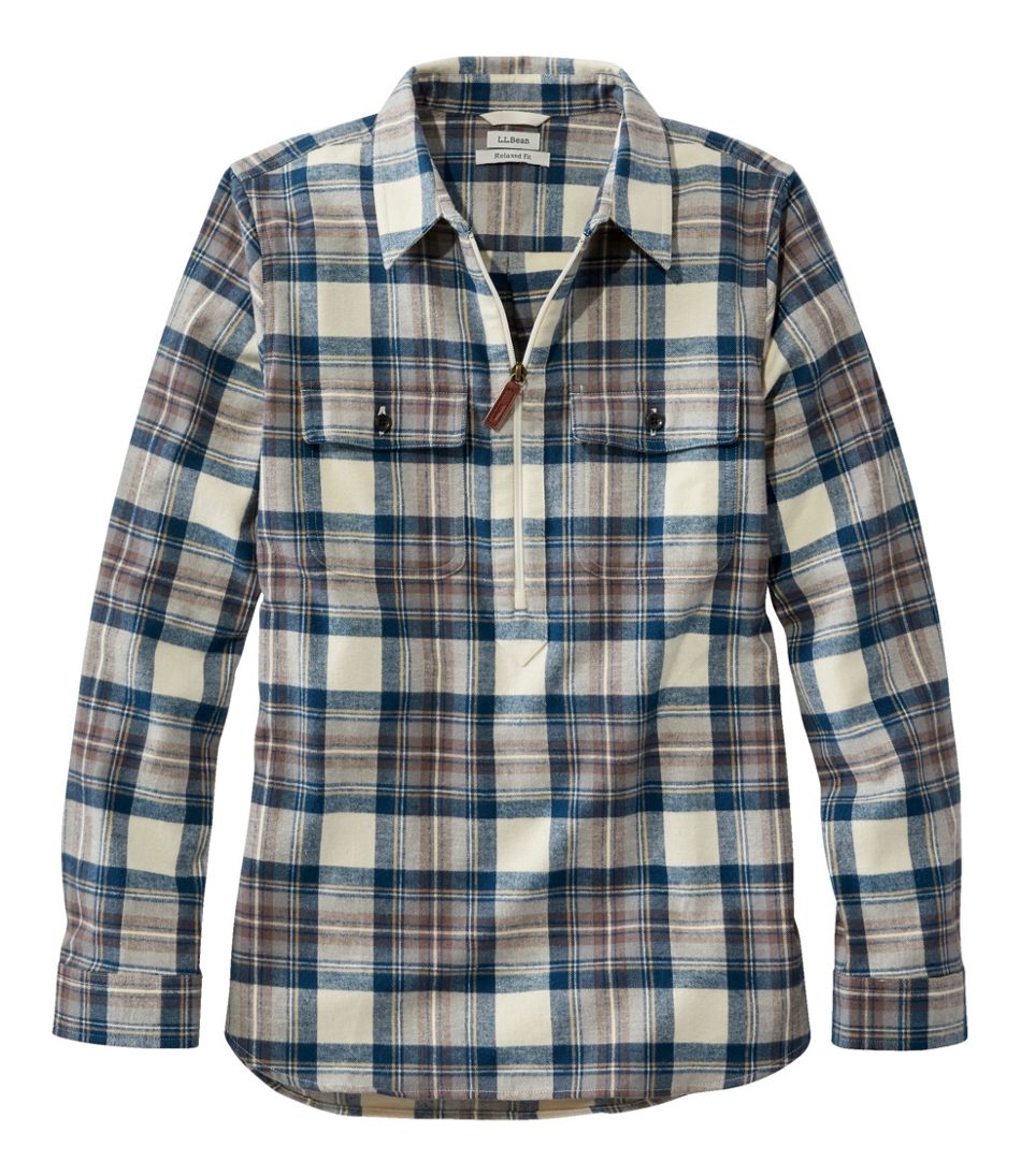 L.L.Bean Women's Scotch Plaid Flannel Shirt, Quarter-Zip CLOTHING