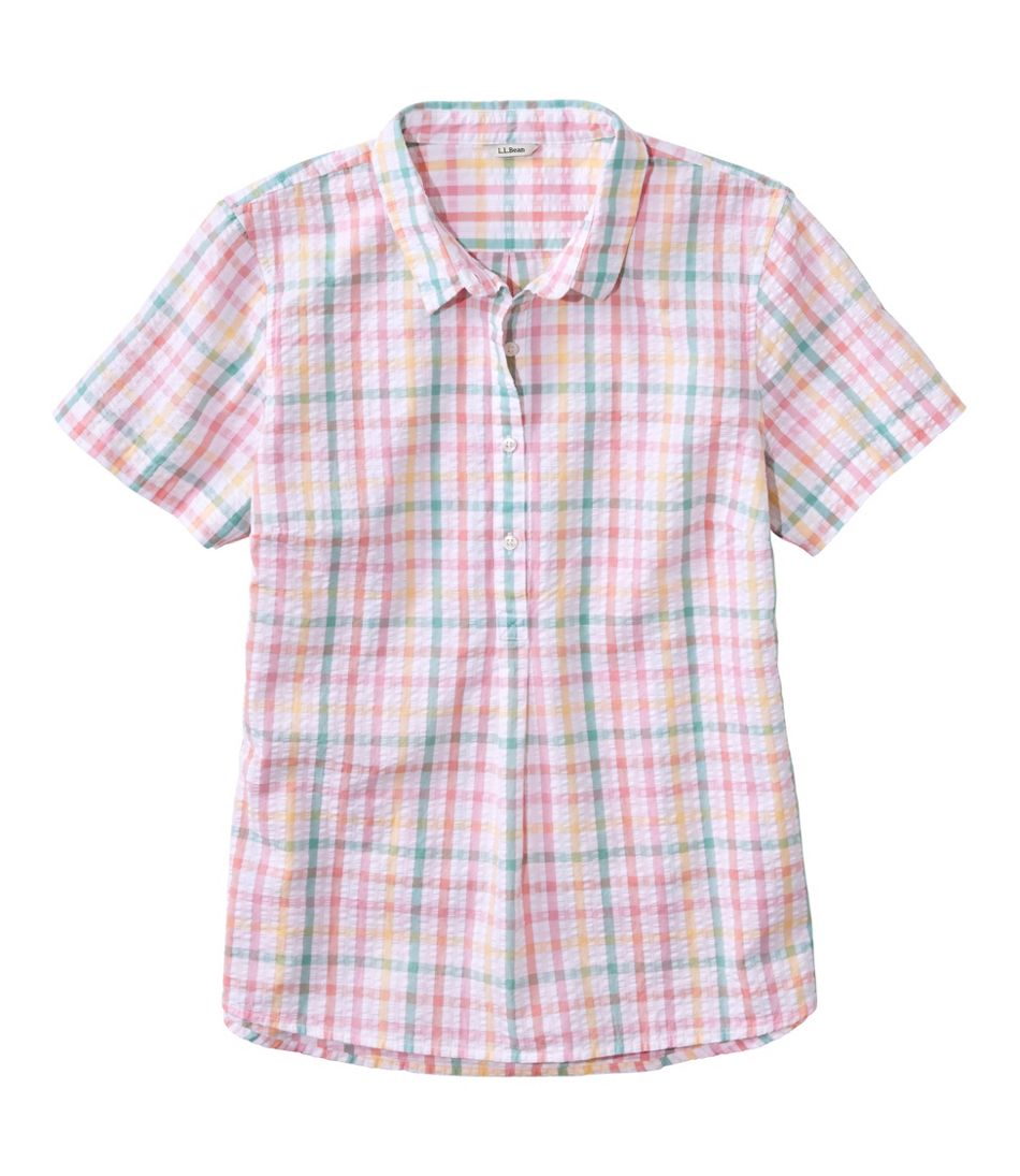 L.L.Bean Women's Vacationland Seersucker Shirt, Short-Sleeve Popover Plaid CLOTHING|SALE