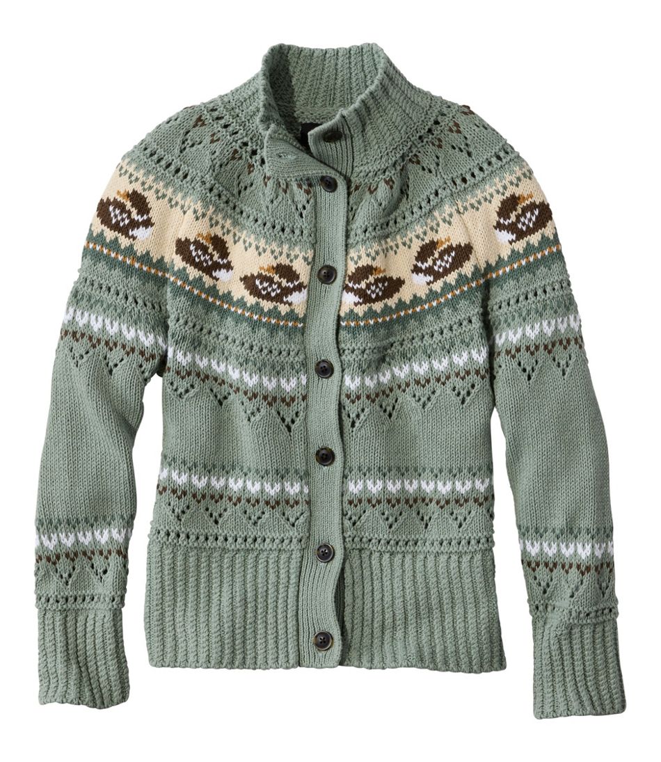 L.L.Bean Women's Signature Cotton Fisherman Sweater, Short Cardigan Fair Isle CLOTHING|SALE