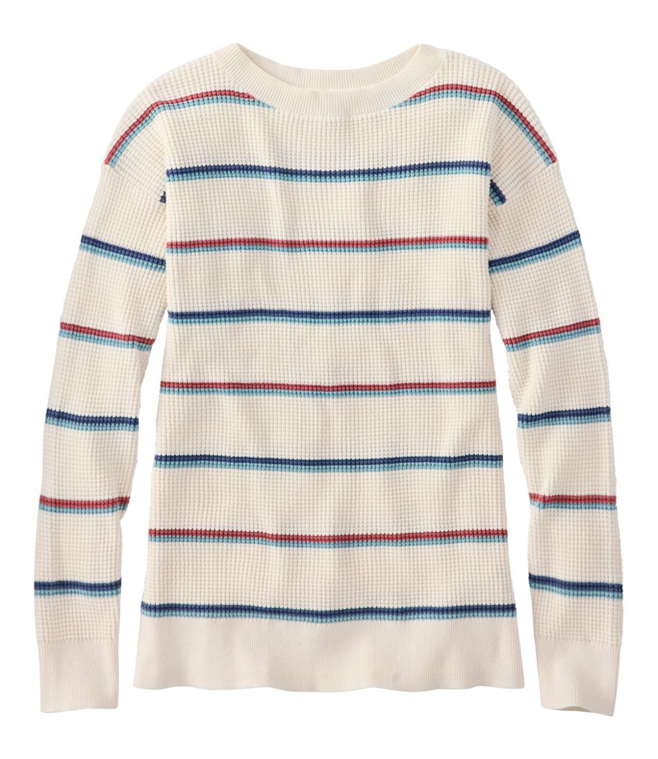 L.L.Bean Women's Sunwashed Waffle Sweater, Pullover Stripe CLOTHING