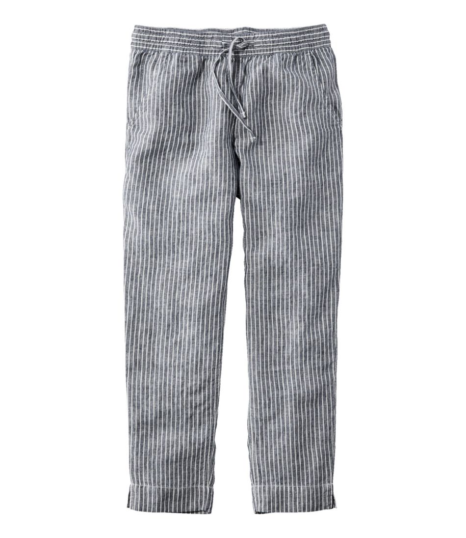 L.L.Bean Women's Premium Linen Pull-On Ankle Pants, Mid-Rise Tapered-Leg Stripe CLOTHING|SALE
