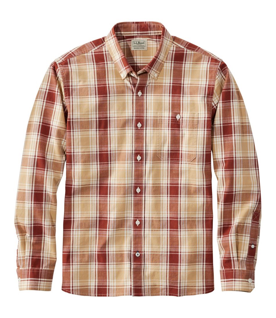 L.L.Bean Men's Comfort Stretch® Chambray Shirt, Long-Sleeve, Slightly Fitted Untucked Fit, Plaid CLOTHING|SALE