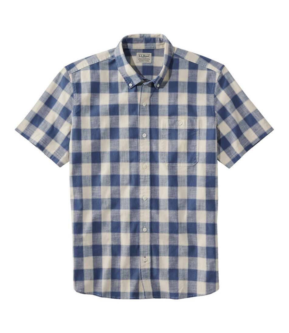 L.L.Bean Men's Comfort Stretch® Chambray Shirt, Slightly Fitted Untucked Fit, Short-Sleeve, Plaid CLOTHING|SALE