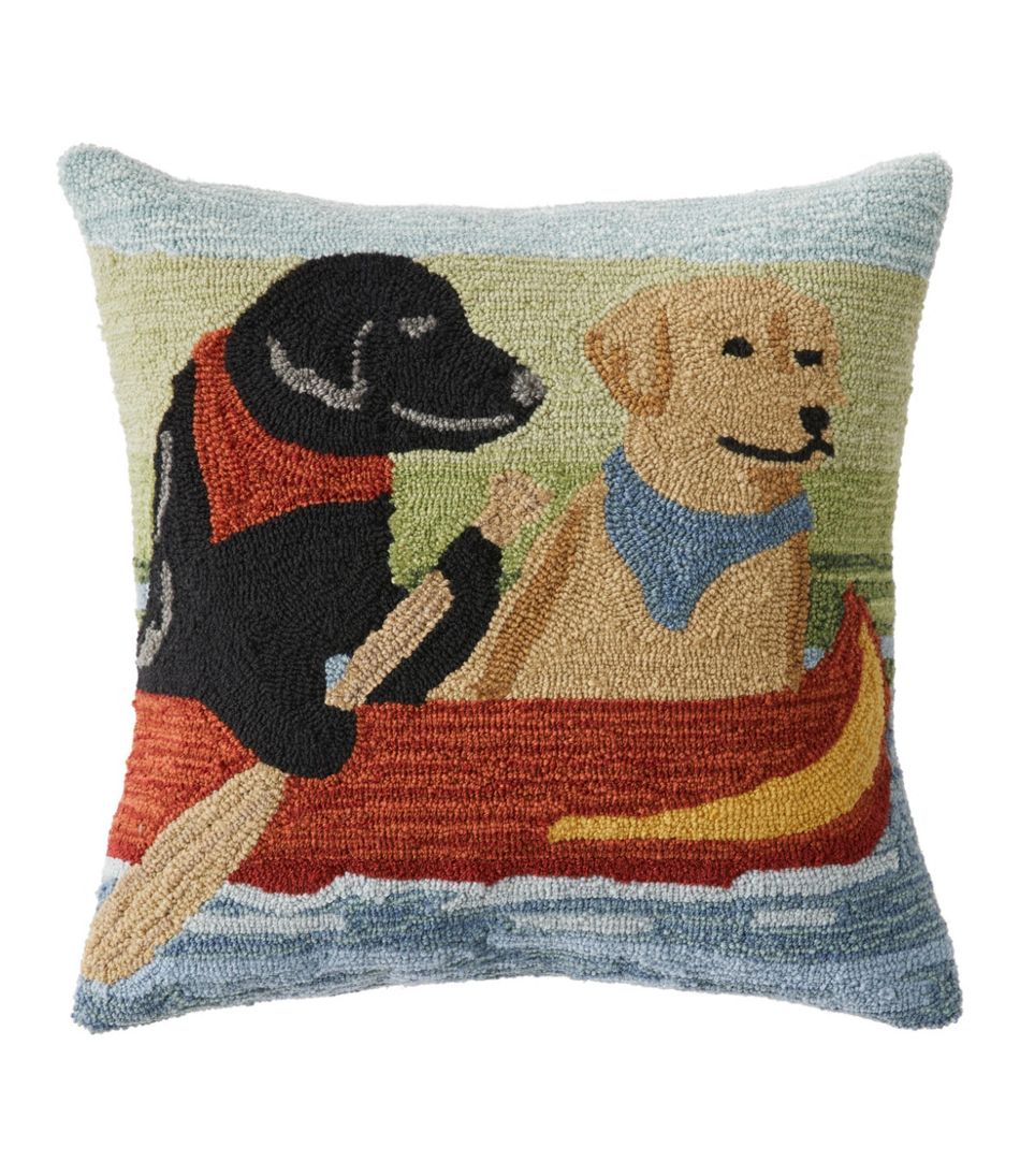 L.L.Bean Indoor/Outdoor Hooked Pillow, Dogs in Canoe HOME GOODS