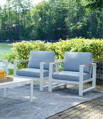 L.L.Bean White Aluminum Deep Seating Armchair with Blue Cushions, Set of Two HOME GOODS