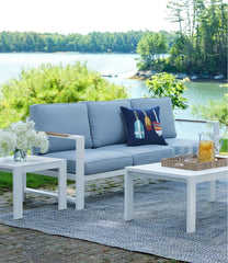 L.L.Bean White Aluminum Deep Seating Sofa with Blue Cushions HOME GOODS