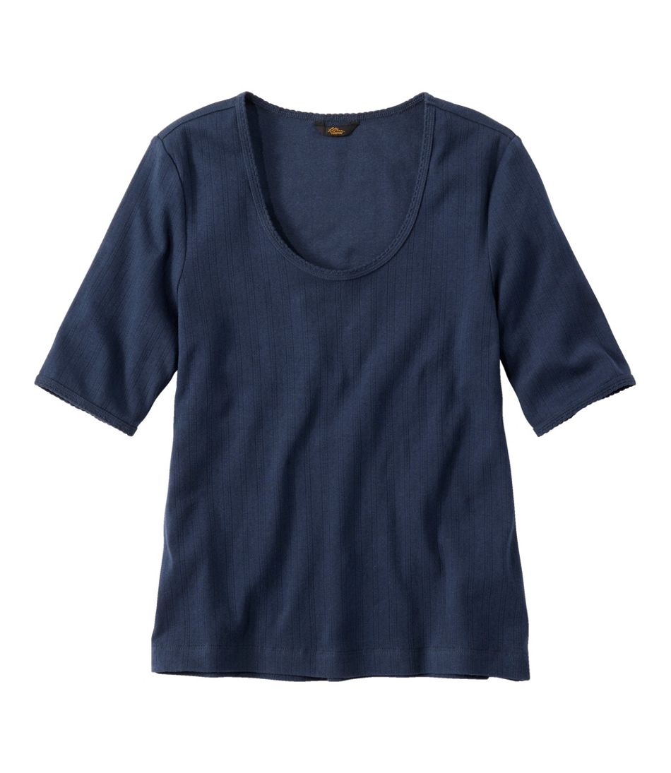 L.L.Bean Women's Signature Premium Essential Pointelle Tee, Elbow-Sleeve Scoopneck NEW|CLOTHING