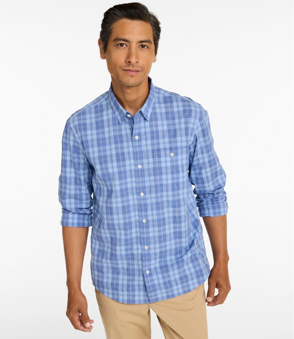 L.L.Bean Men's Comfort Stretch Performance® Chambray Shirt, Long-Sleeve, Slightly Fitted Untucked Fit, Plaid NEW|CLOTHING