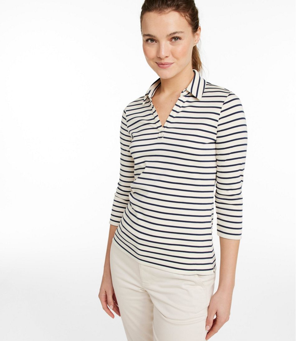 L.L.Bean Women's Pima Cotton Tee, Three-Quarter-Sleeve Polo Stripe CLOTHING