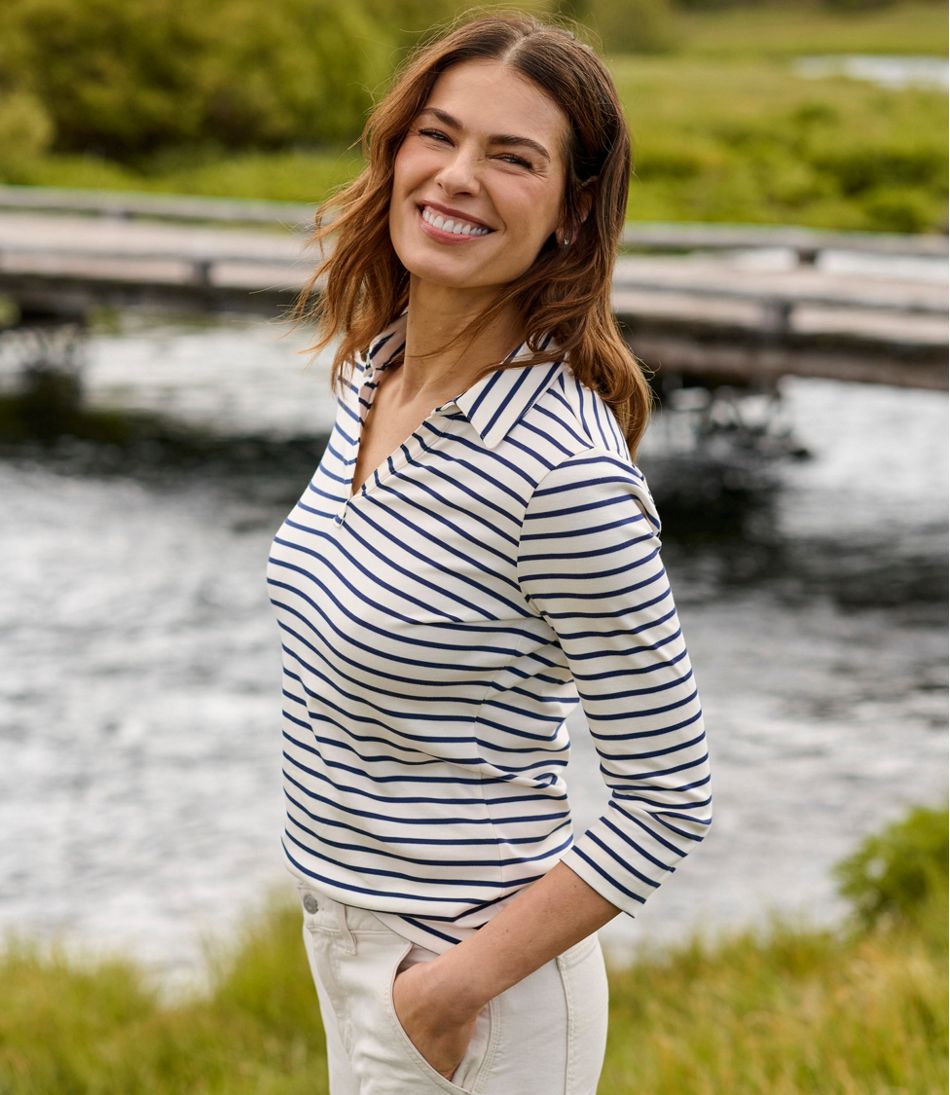 L.L.Bean Women's Pima Cotton Tee, Three-Quarter-Sleeve Polo Stripe CLOTHING