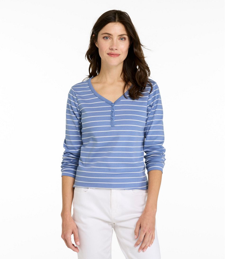 L.L.Bean Women's V-Neck Henley, Long-Sleeve Stripe CLOTHING|SALE