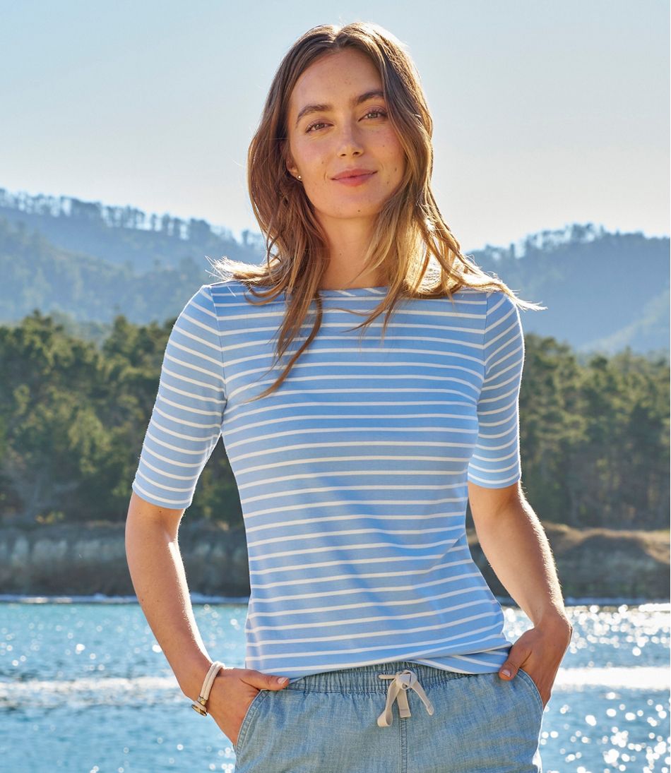 L.L.Bean Women's Pima Cotton Tee, Elbow-Sleeve Boatneck Stripe CLOTHING
