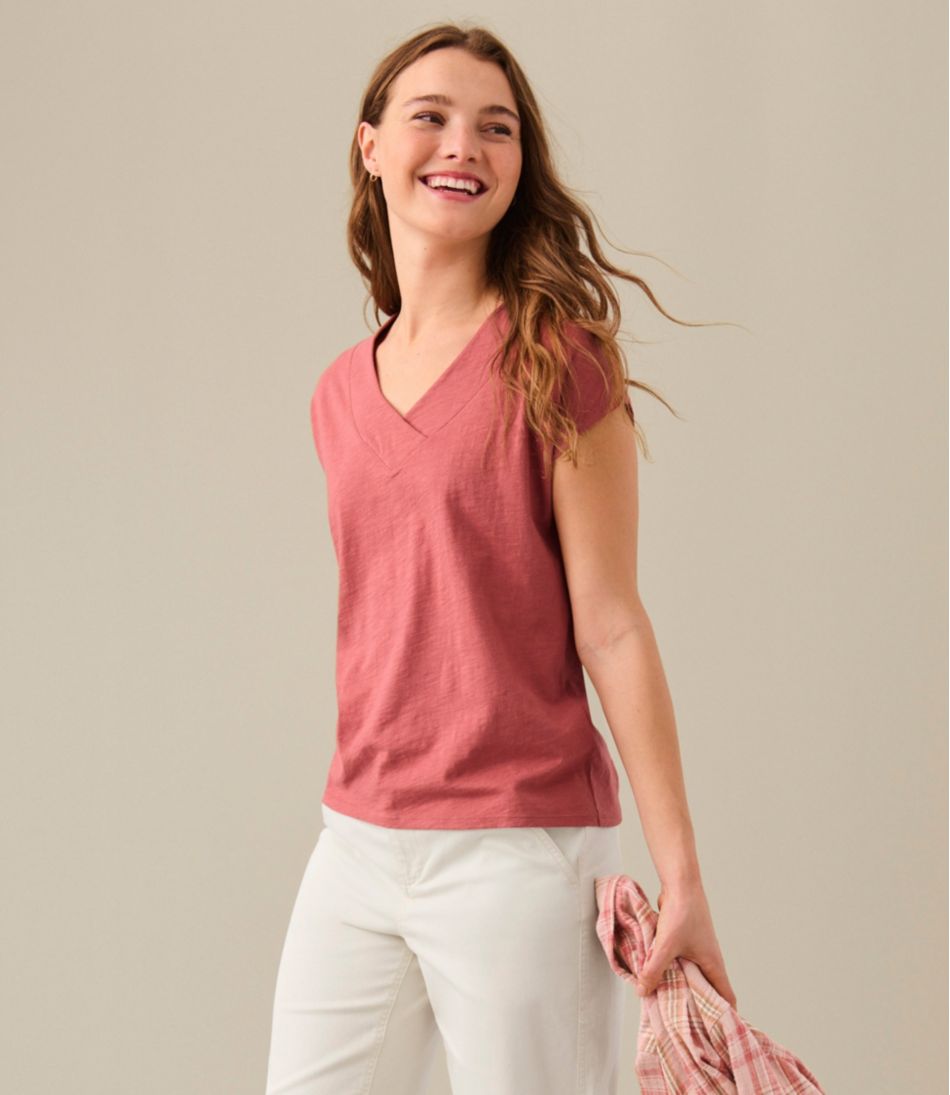 L.L.Bean Women's Organic Cotton Tee, V-Neck Cap-Sleeve CLOTHING