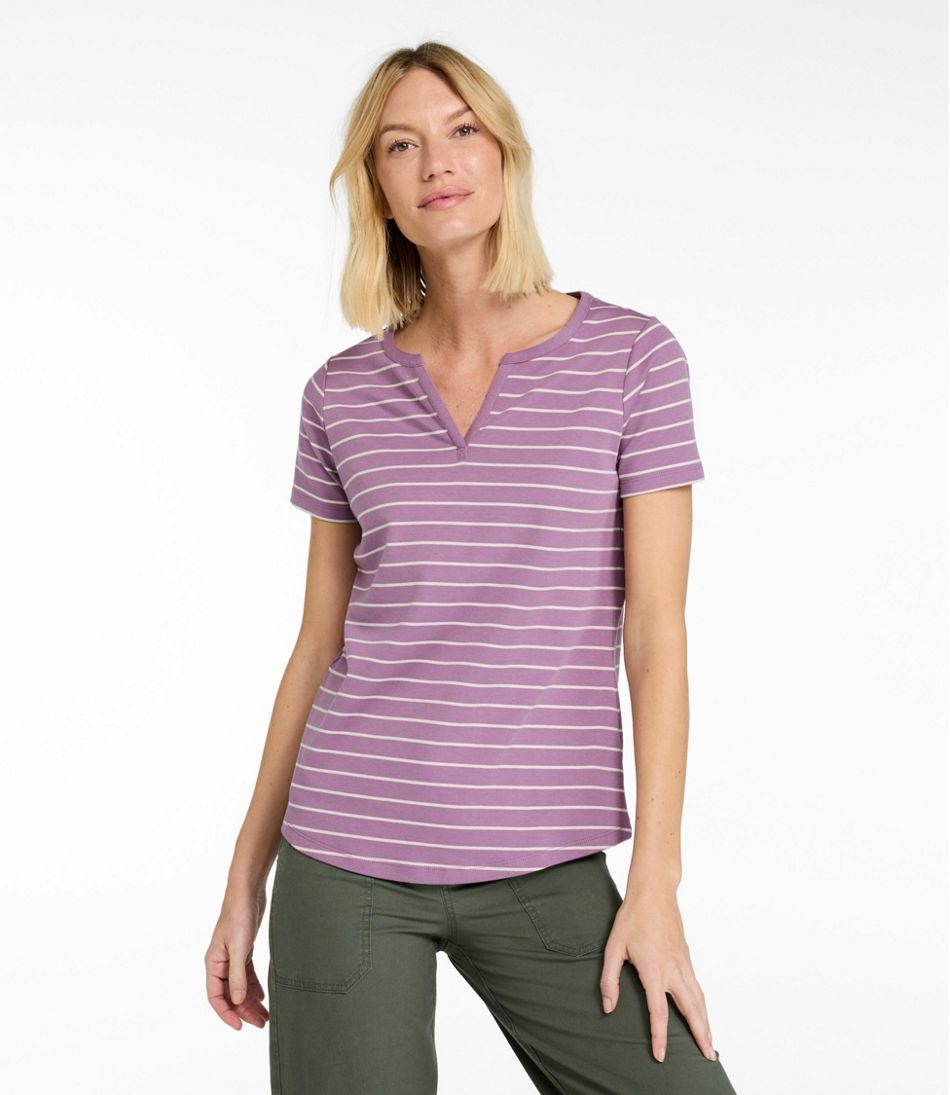 L.L.Bean Women's Tee, Short-Sleeve Notch-Neck Stripe CLOTHING