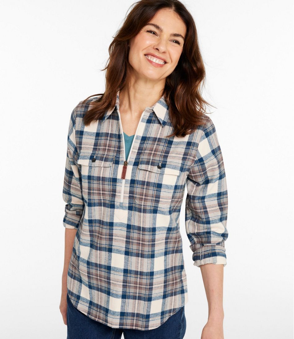 L.L.Bean Women's Scotch Plaid Flannel Shirt, Quarter-Zip CLOTHING