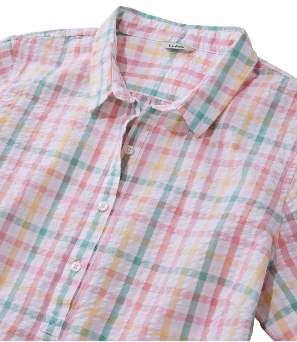 L.L.Bean Women's Vacationland Seersucker Shirt, Short-Sleeve Popover Plaid CLOTHING|SALE