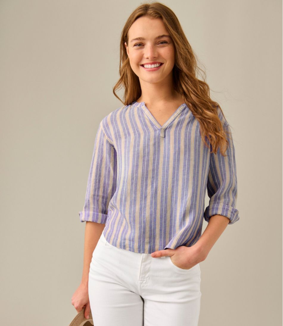 L.L.Bean Women's Premium Washable Linen Shirt, Splitneck Stripe CLOTHING|SALE