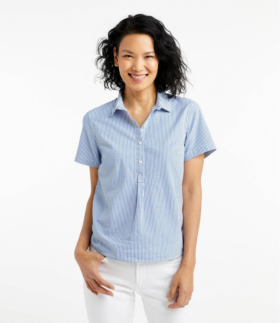 L.L.Bean Women's Vacationland Seersucker Shirt, Short-Sleeve Popover Stripe CLOTHING|SALE
