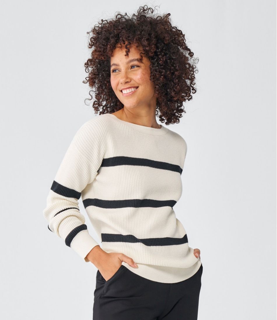 L.L.Bean Women's Sunwashed Waffle Sweater, Pullover Stripe CLOTHING