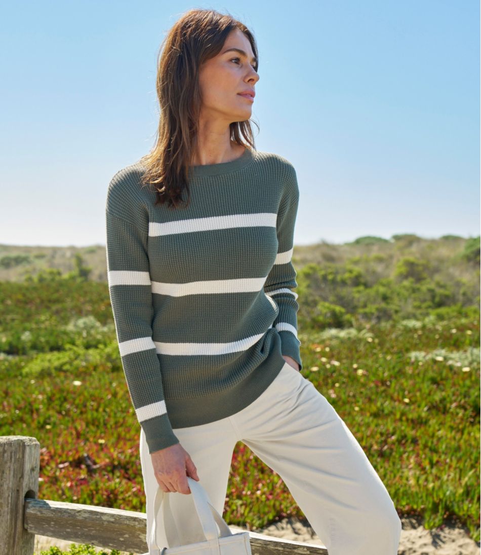 L.L.Bean Women's Sunwashed Waffle Sweater, Pullover Stripe CLOTHING
