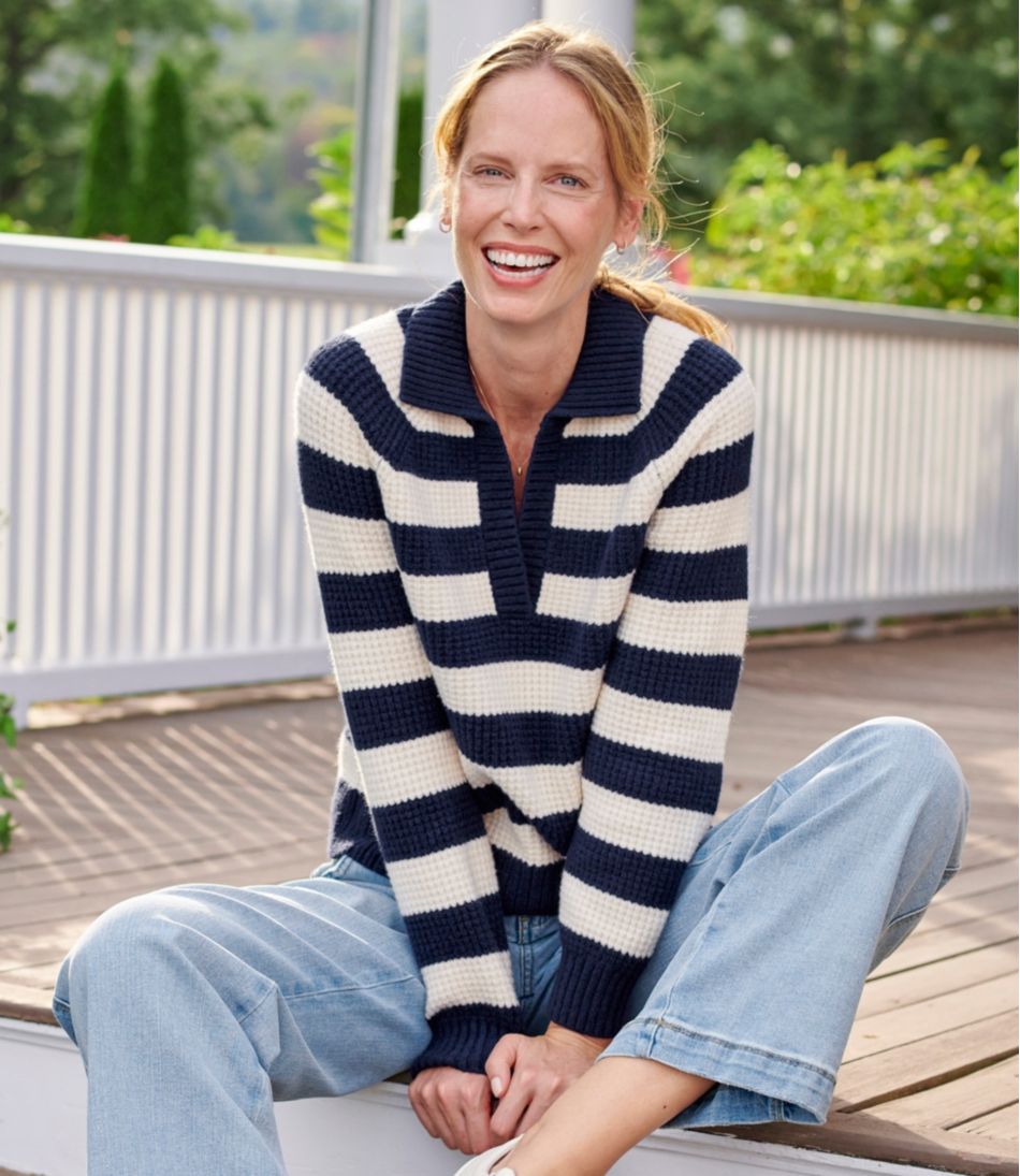 L.L.Bean Women's SuperSoft Waffle Sweater, Polo Stripe CLOTHING