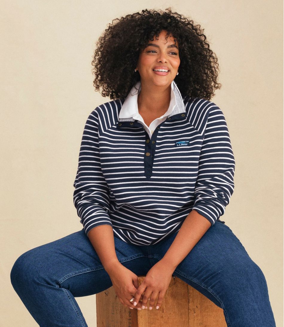 L.L.Bean Women's Lakewashed Double-Knit Quarter-Snap, Stripe CLOTHING