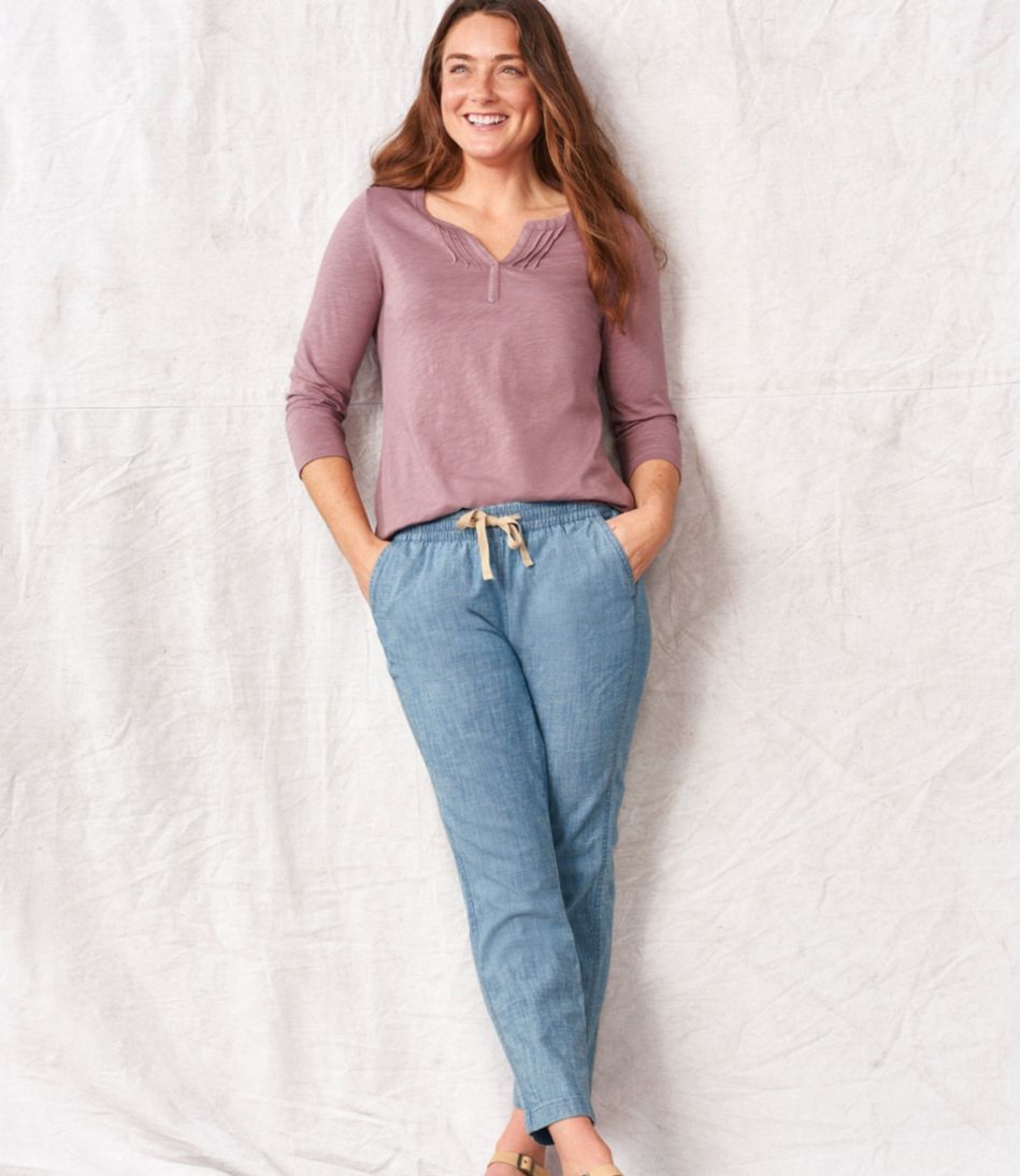 L.L.Bean Women's Lakewashed Pull-On Chinos, Mid-Rise Chambray Ankle Pants CLOTHING