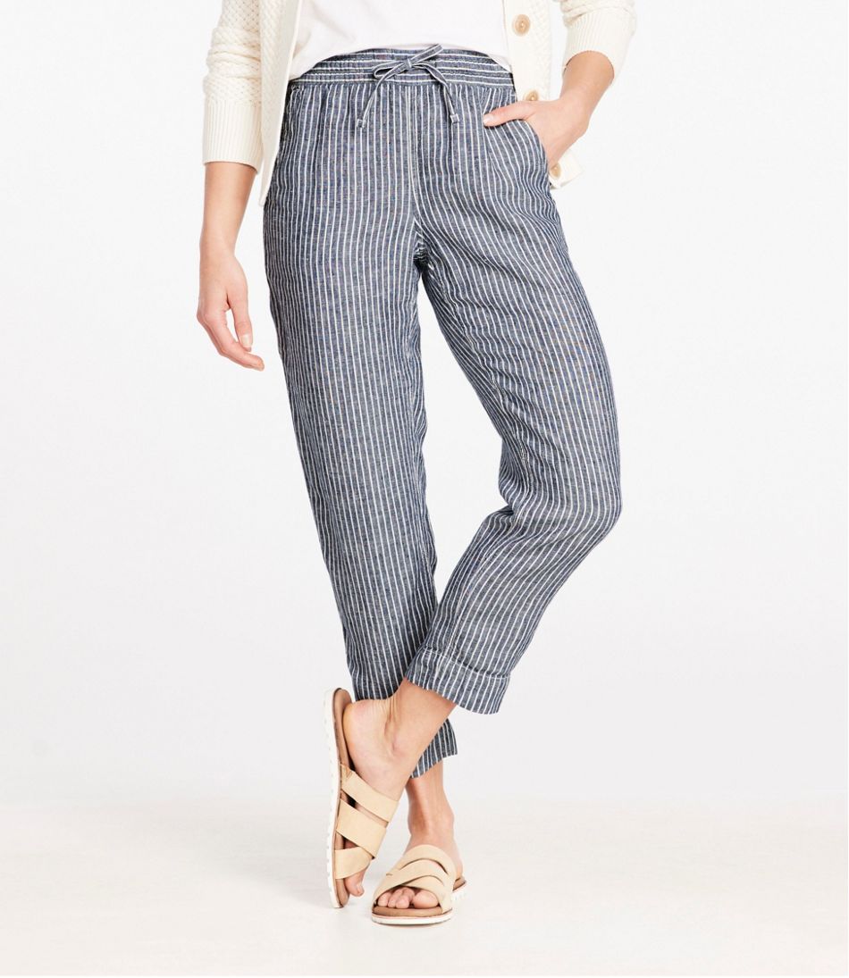 L.L.Bean Women's Premium Linen Pull-On Ankle Pants, Mid-Rise Tapered-Leg Stripe CLOTHING|SALE