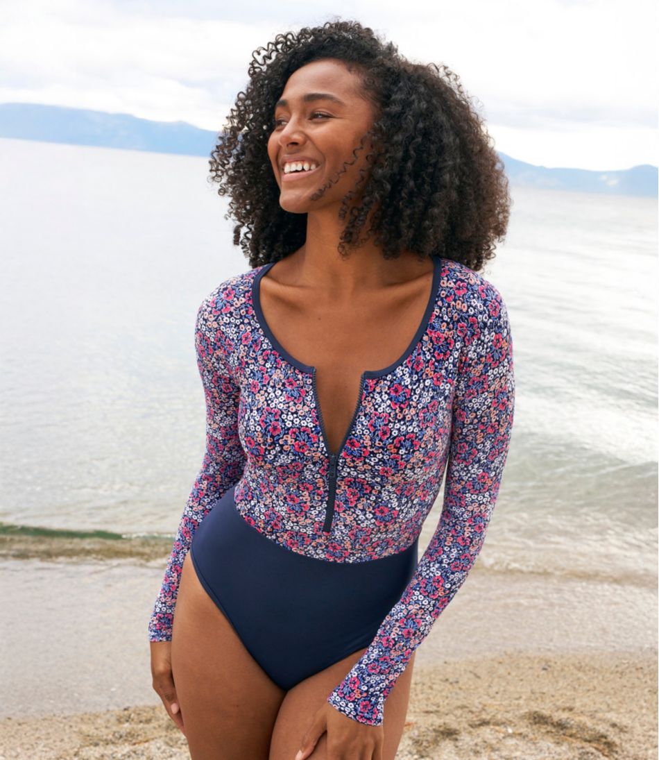 L.L.Bean Women's Coastal Essentials Swimwear, Long-Sleeve Tanksuit Print CLOTHING
