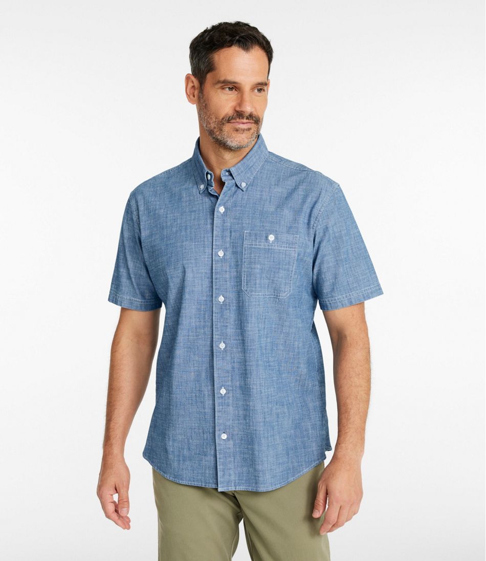 L.L.Bean Men's Comfort Stretch® Chambray Shirt, Traditional Untucked Fit, Short-Sleeve CLOTHING