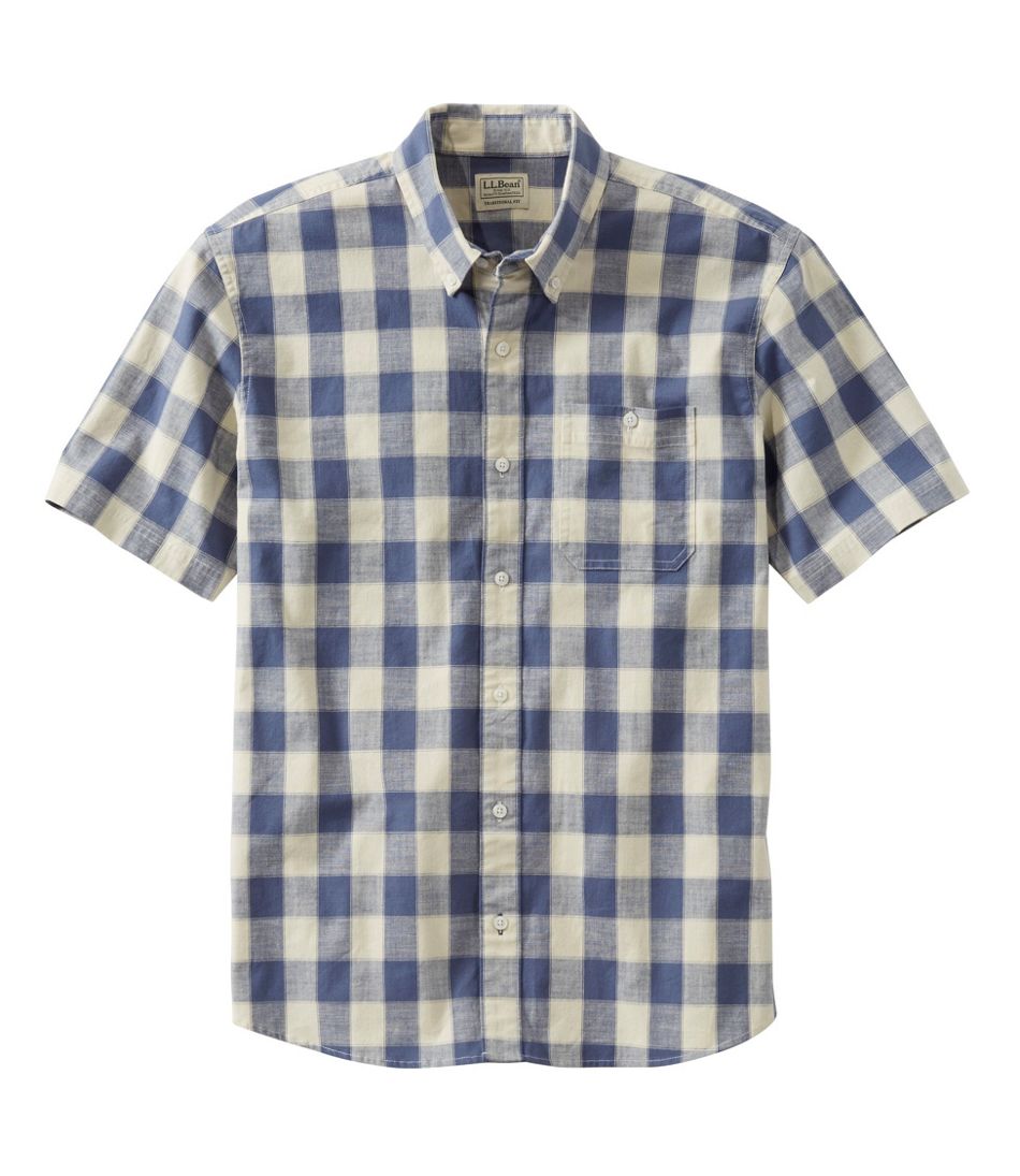 L.L.Bean Men's Comfort Stretch® Chambray Shirt, Traditional Untucked Fit, Short-Sleeve, Plaid CLOTHING|SALE