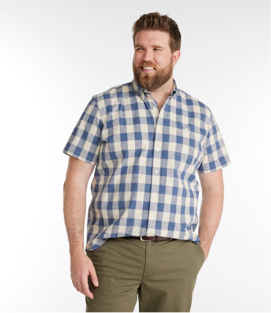 L.L.Bean Men's Comfort Stretch® Chambray Shirt, Traditional Untucked Fit, Short-Sleeve, Plaid CLOTHING|SALE