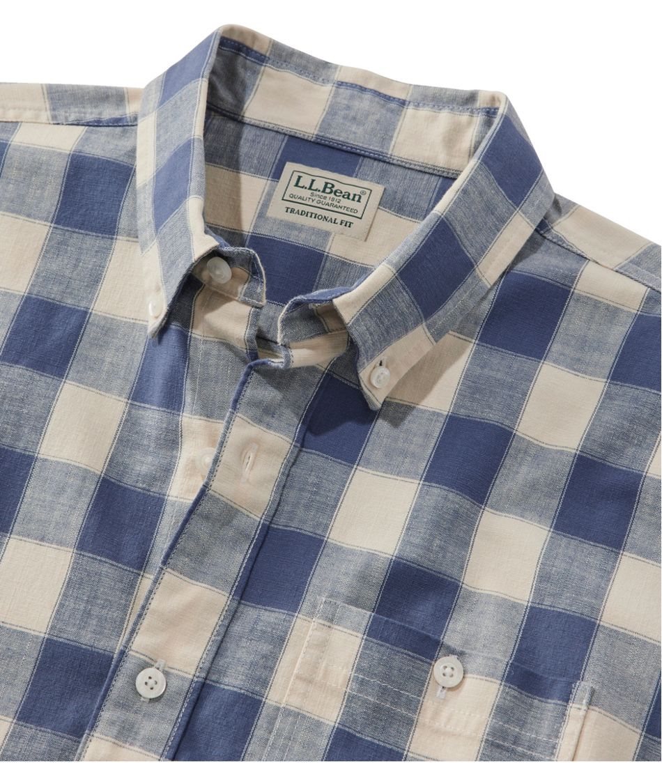 L.L.Bean Men's Comfort Stretch® Chambray Shirt, Traditional Untucked Fit, Short-Sleeve, Plaid CLOTHING|SALE