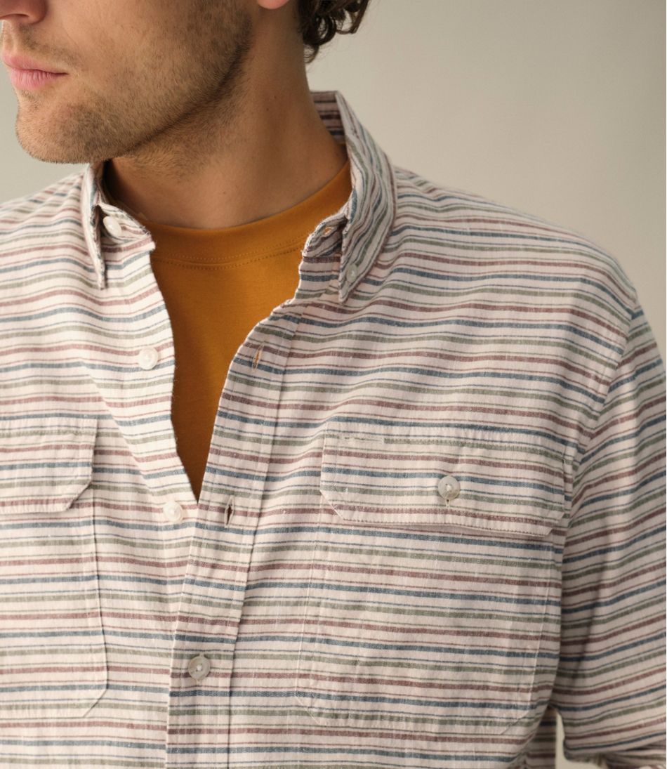 L.L.Bean Men's Stonecoast Hemp Shirt, Long-Sleeve, Slightly Fitted Untucked Fit, Stripe CLOTHING