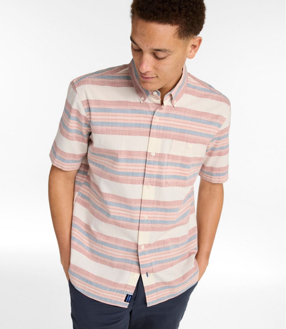 L.L.Bean Men's Comfort Stretch Chambray Shirt, Traditional Untucked Fit, Short-Sleeve, Stripe CLOTHING|SALE