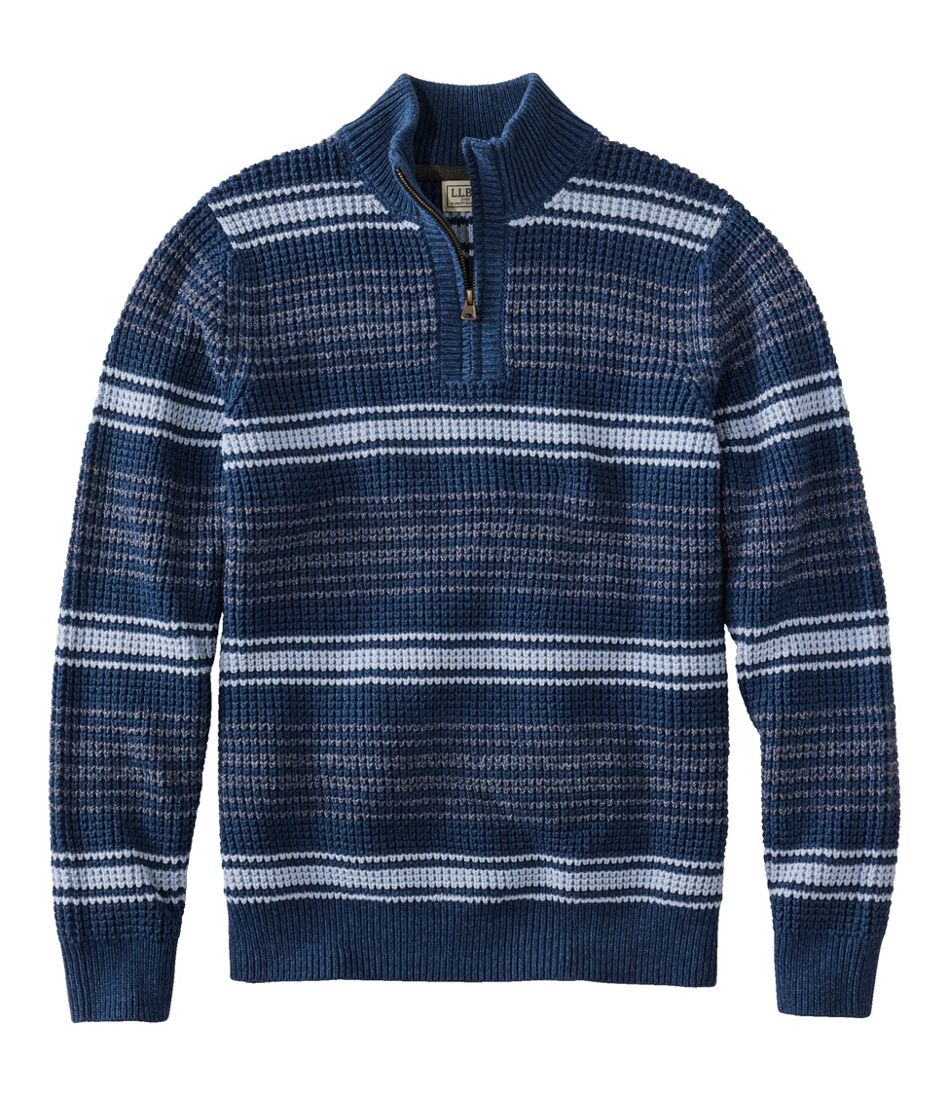 L.L.Bean Men's Organic Cotton Waffle Sweater, Quarter Zip, Stripe CLOTHING|SALE
