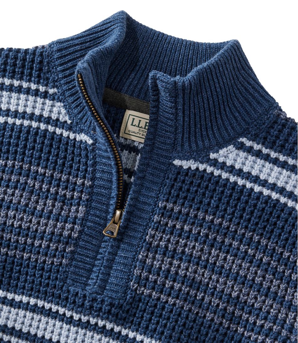 L.L.Bean Men's Organic Cotton Waffle Sweater, Quarter Zip, Stripe CLOTHING|SALE