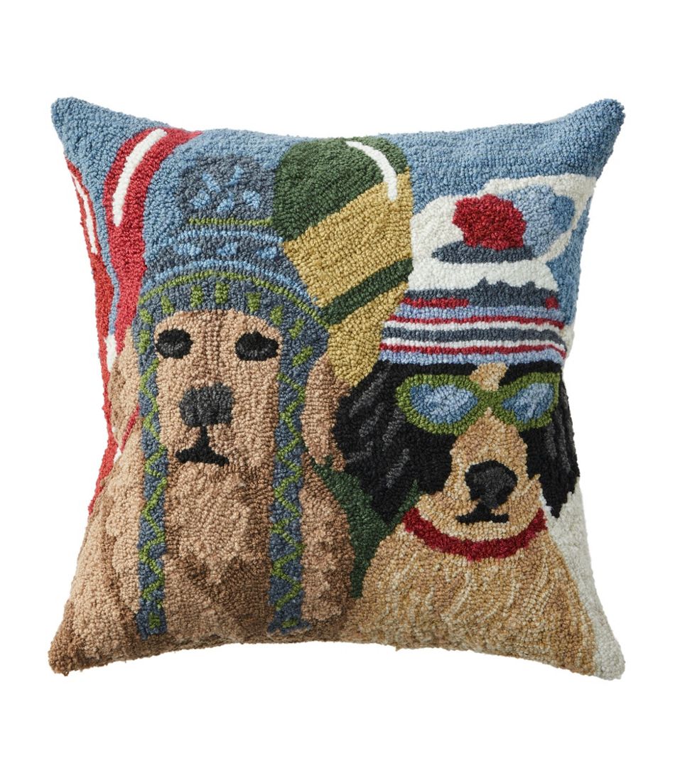 L.L.Bean Indoor/Outdoor Hooked Pillow, Dogs Skiing HOME GOODS