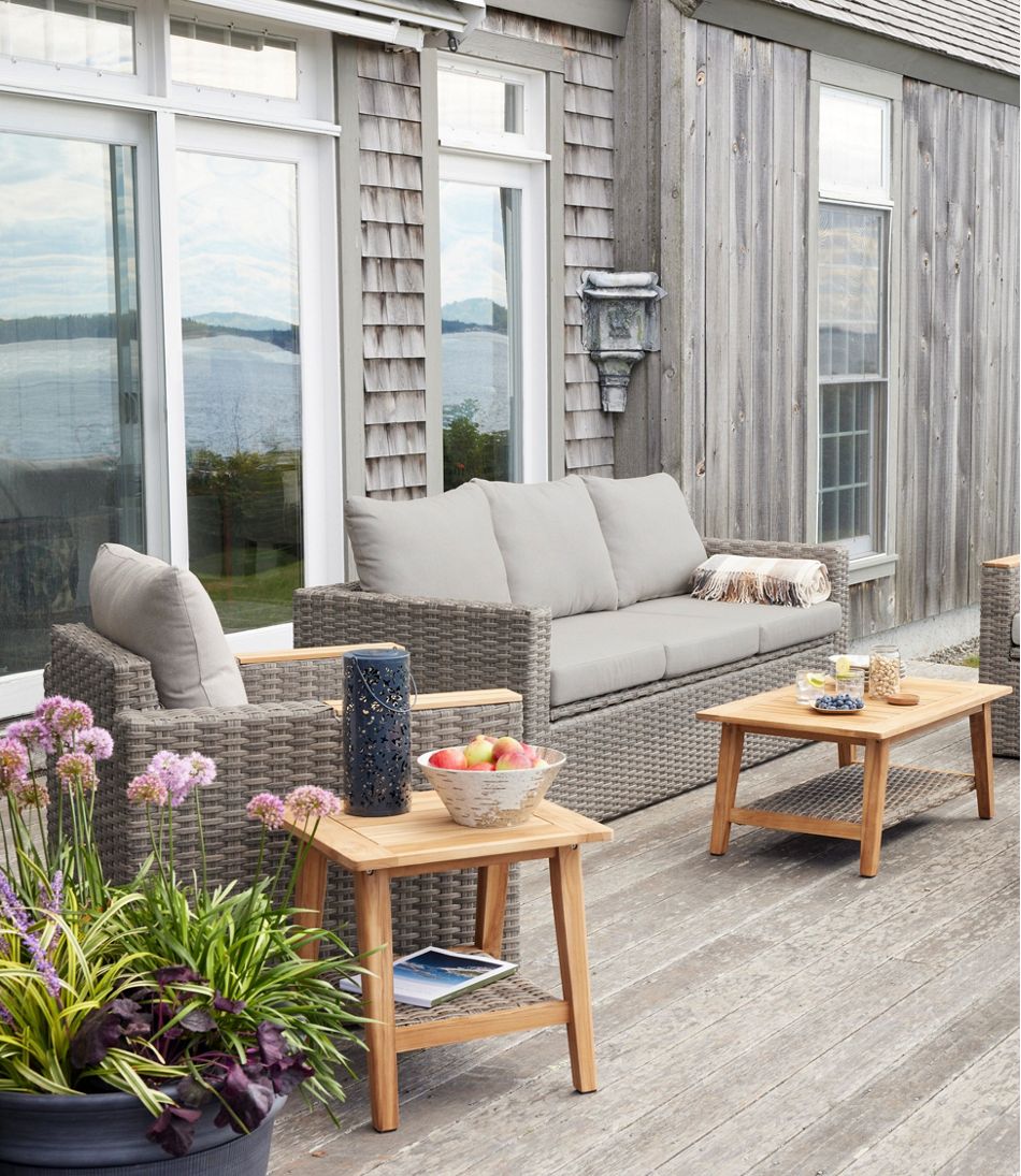 L.L.Bean Wicker Storage Sofa and Teak Coffee Table Set HOME GOODS