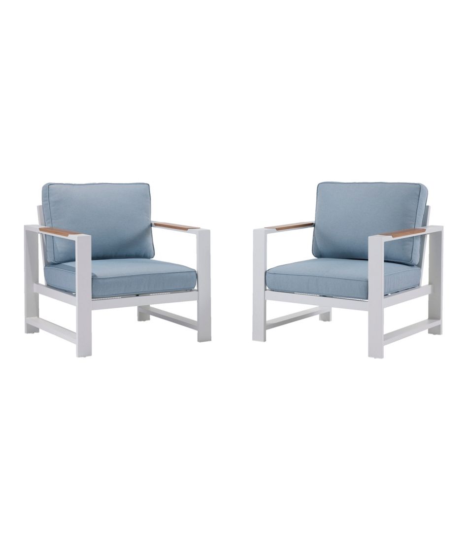 L.L.Bean White Aluminum Deep Seating Armchair with Blue Cushions, Set of Two HOME GOODS