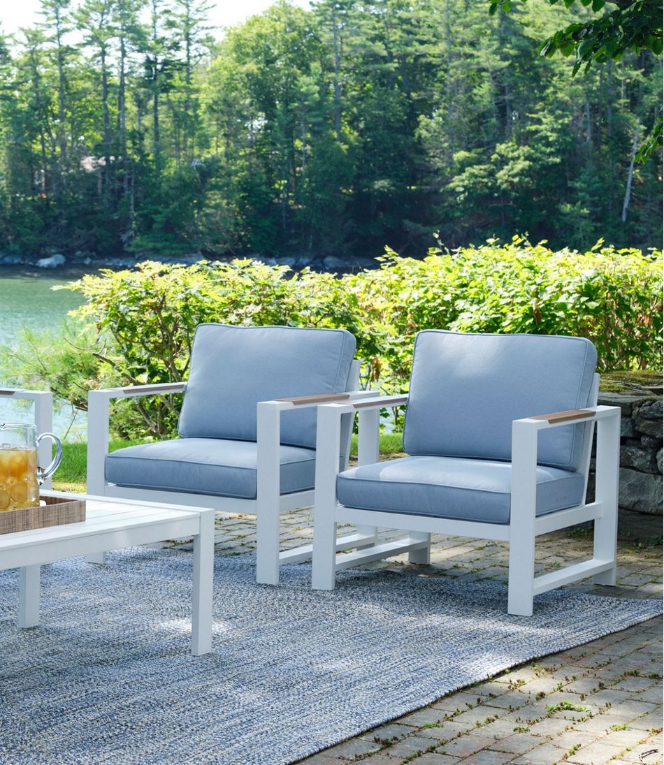 L.L.Bean White Aluminum Deep Seating Armchair with Blue Cushions, Set of Two HOME GOODS
