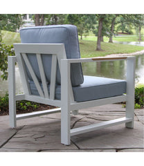 L.L.Bean White Aluminum Deep Seating Armchair with Blue Cushions, Set of Two HOME GOODS
