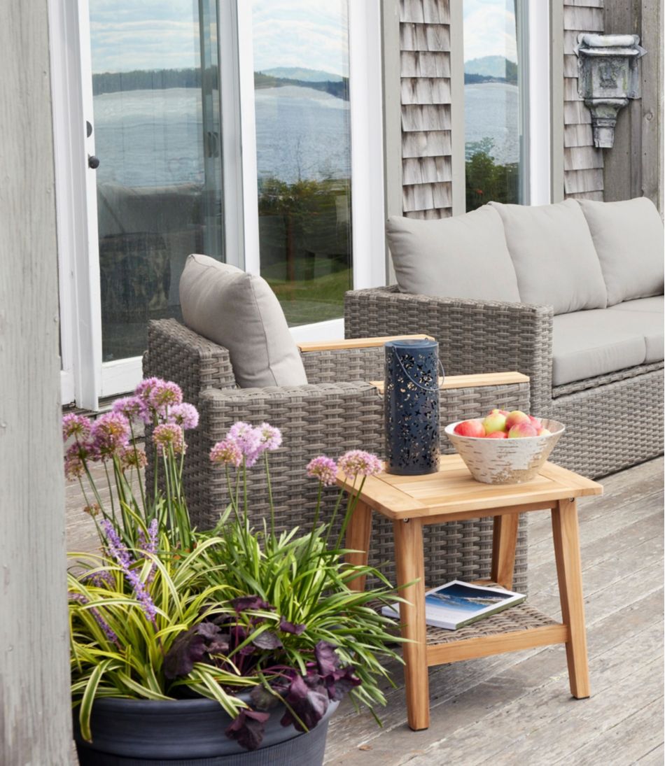 L.L.Bean Teak Side Table with Wicker Storage Shelf HOME GOODS