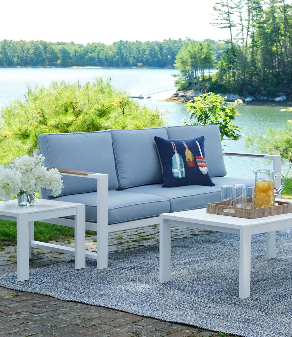 L.L.Bean White Aluminum Deep Seating Sofa with Blue Cushions HOME GOODS