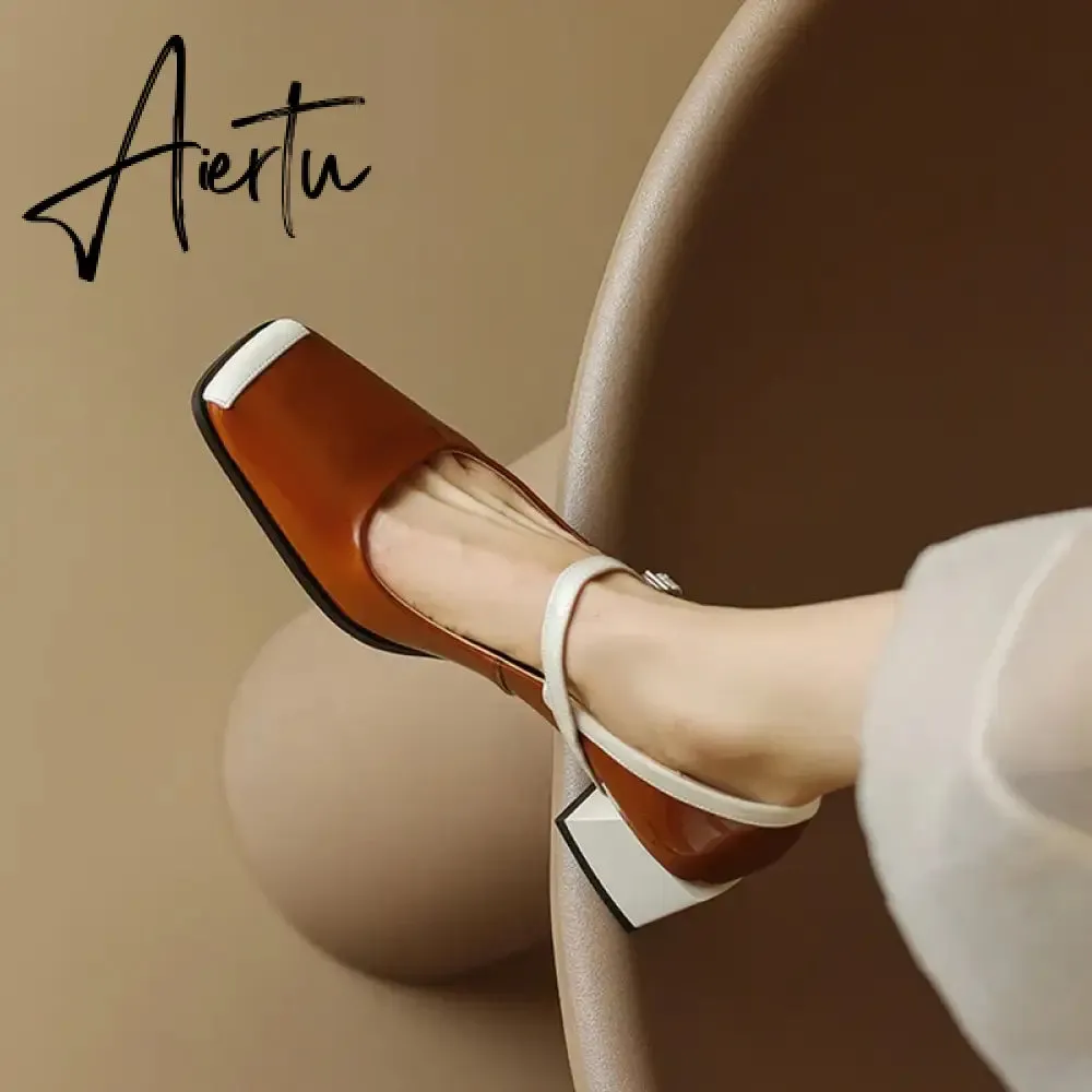 Aiertu  Spring/Autumn Women Shoes Square Toe Chunky Heel Mary Janes Mixed Color Women Pumps Patent Leather Shoes Fashion High Heels